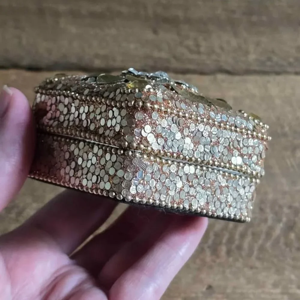 Vintage Beaded Gold Jewlry Box Tin Ring Earring Necklace Bling Storage Container
